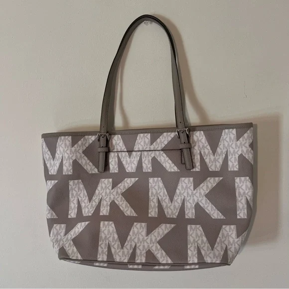 Michael Kors Taupe and White MK Tote - Picture 2 of 3